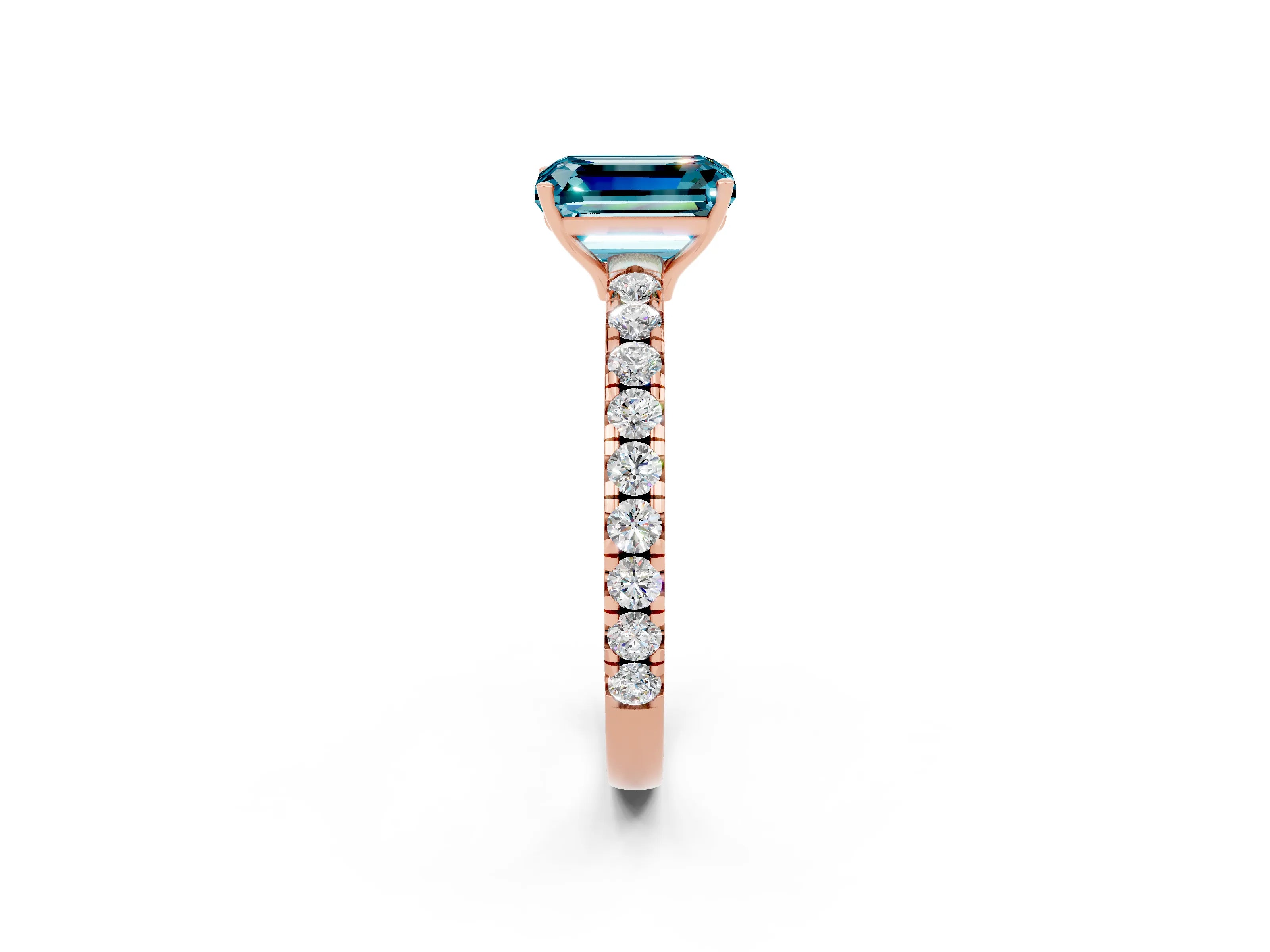 Rose gold Emerald Cut Blue Topaz Pavé Solitaire Engagement Ring with Four-Prong Setting_14