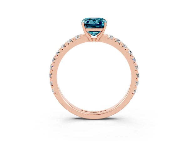Rose gold Emerald Cut Blue Topaz Pavé Solitaire Engagement Ring with Four-Prong Setting