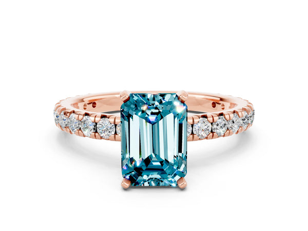Rose gold Emerald Cut Blue Topaz Pavé Solitaire Ring with Round Band and Prong Setting