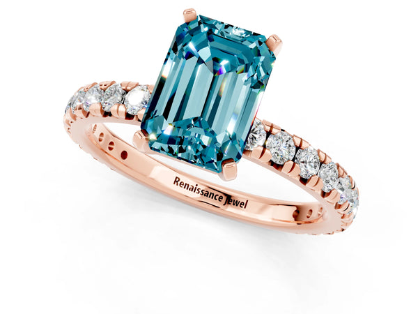 Rose gold Emerald Cut Blue Topaz Pavé Solitaire Ring with Round Band and Prong Setting