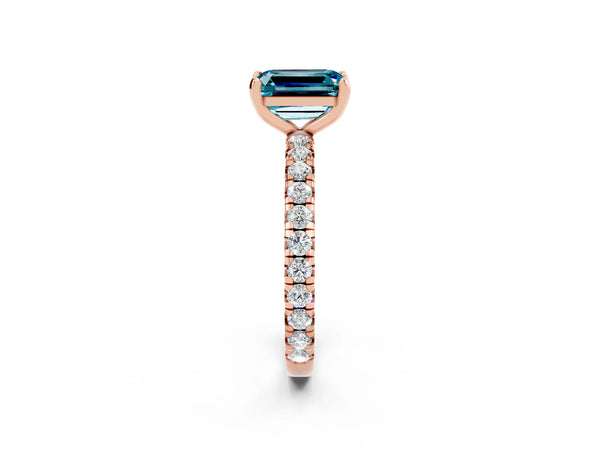 Rose gold Emerald Cut Blue Topaz Pavé Solitaire Ring with Round Band and Prong Setting