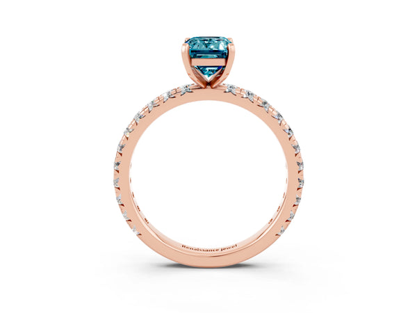 Rose gold Emerald Cut Blue Topaz Pavé Solitaire Ring with Round Band and Prong Setting