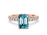 Rose gold Emerald Cut Blue Topaz Pavé Solitaire Ring with Round Band and Prong Setting_24