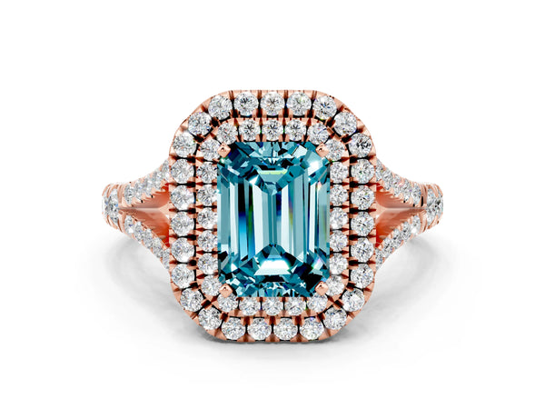 Rose gold Emerald Cut Blue Topaz Pavé Split Shank Double Halo Engagement Ring