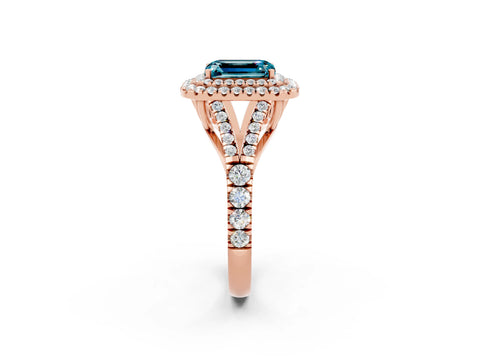 Rose gold Emerald Cut Blue Topaz Pavé Split Shank Double Halo Engagement Ring_2