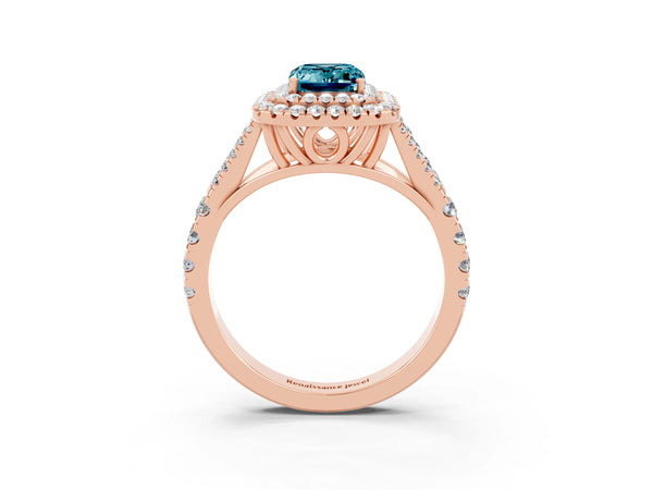Rose gold Emerald Cut Blue Topaz Pavé Split Shank Double Halo Engagement Ring