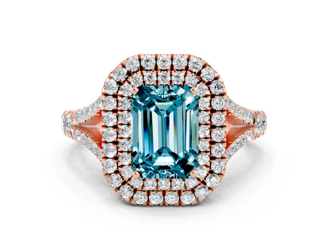 Rose gold Emerald Cut Blue Topaz Pavé Split Shank Double Halo Engagement Ring
