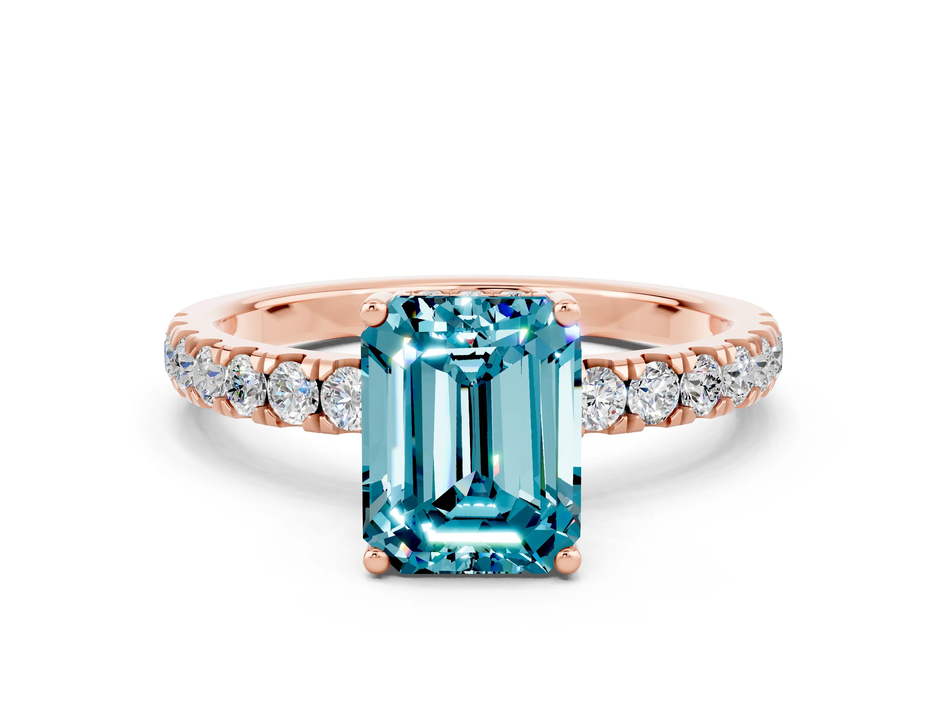 Rose gold Emerald Cut Blue Topaz Pave Band Solitaire Ring with Four-Prong Setting_36