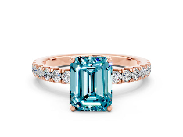 Rose gold Emerald Cut Blue Topaz Pave Band Solitaire Ring with Round  and Prong Setting