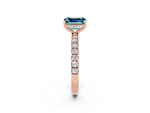 Rose gold Emerald Cut Blue Topaz Pave Band Solitaire Ring with Round  and Prong Setting