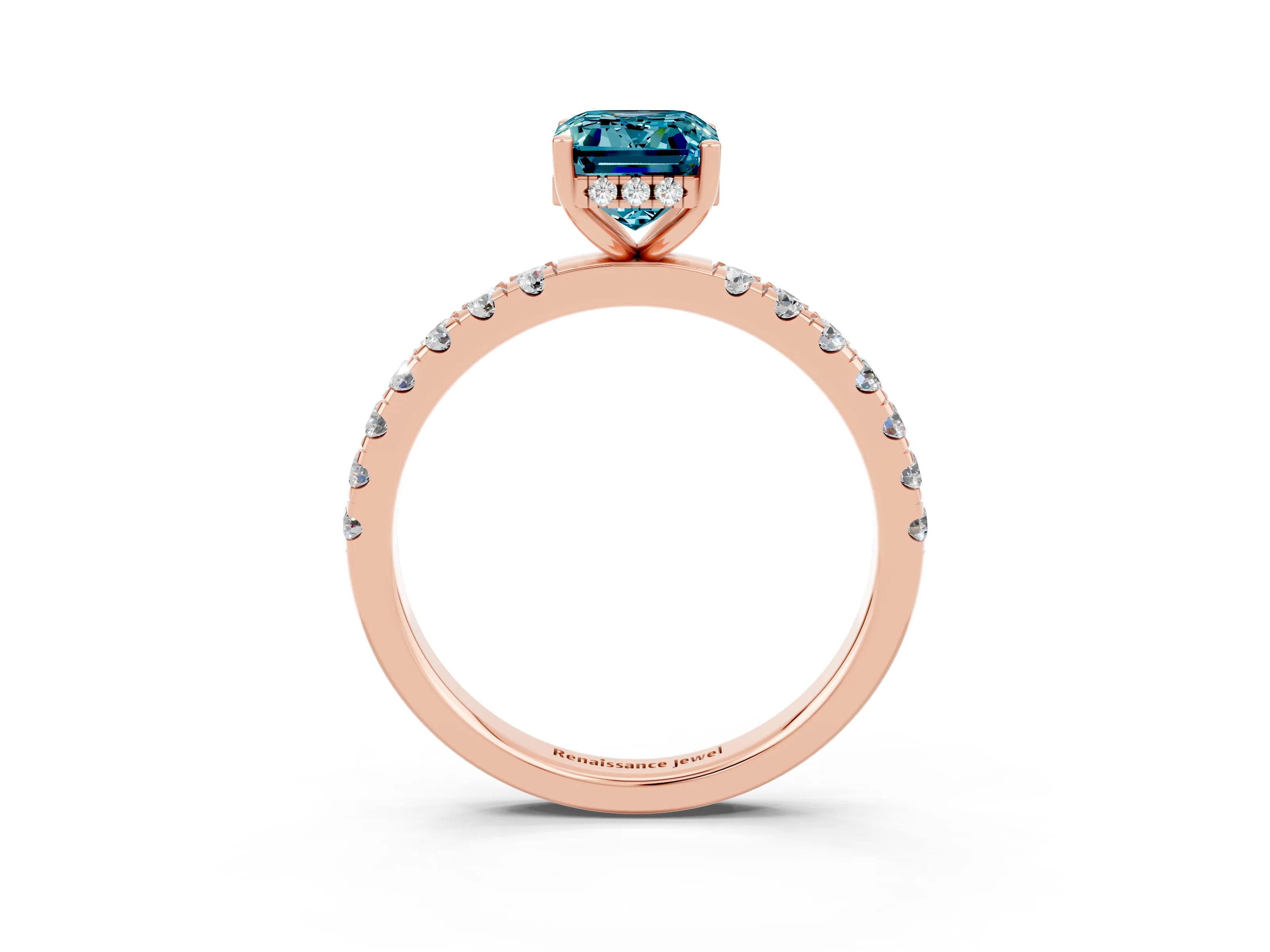 Rose gold Emerald Cut Blue Topaz Pave Band Solitaire Ring with Four-Prong Setting_39