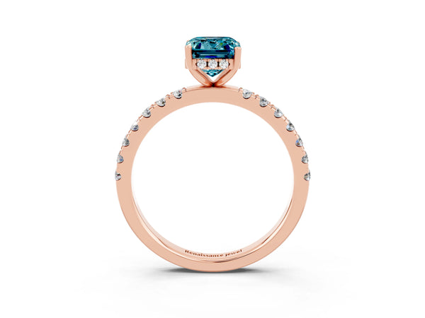 Rose gold Emerald Cut Blue Topaz Pave Band Solitaire Ring with Round  and Prong Setting