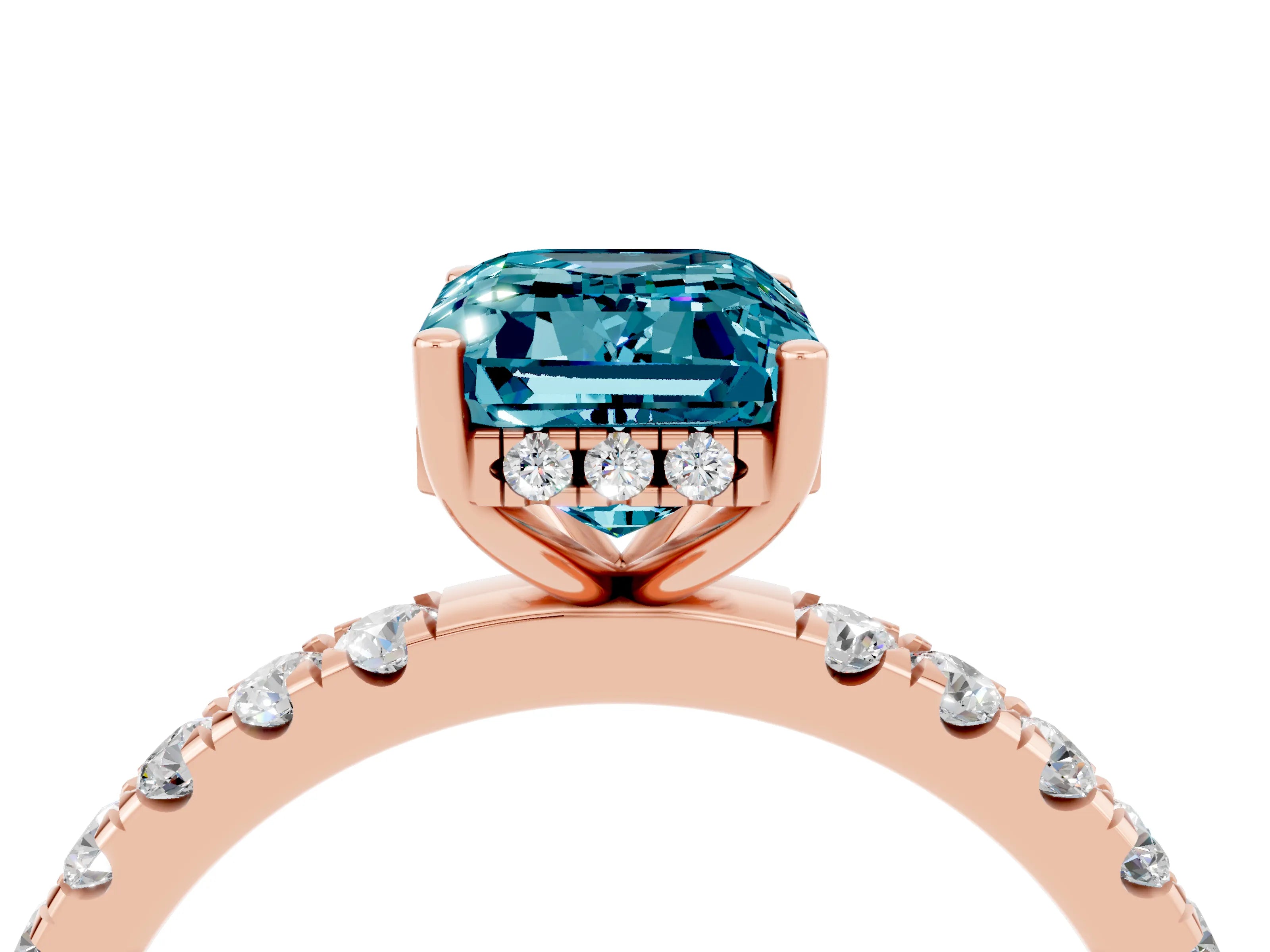 Rose gold Emerald Cut Blue Topaz Pave Band Solitaire Ring with Four-Prong Setting_40