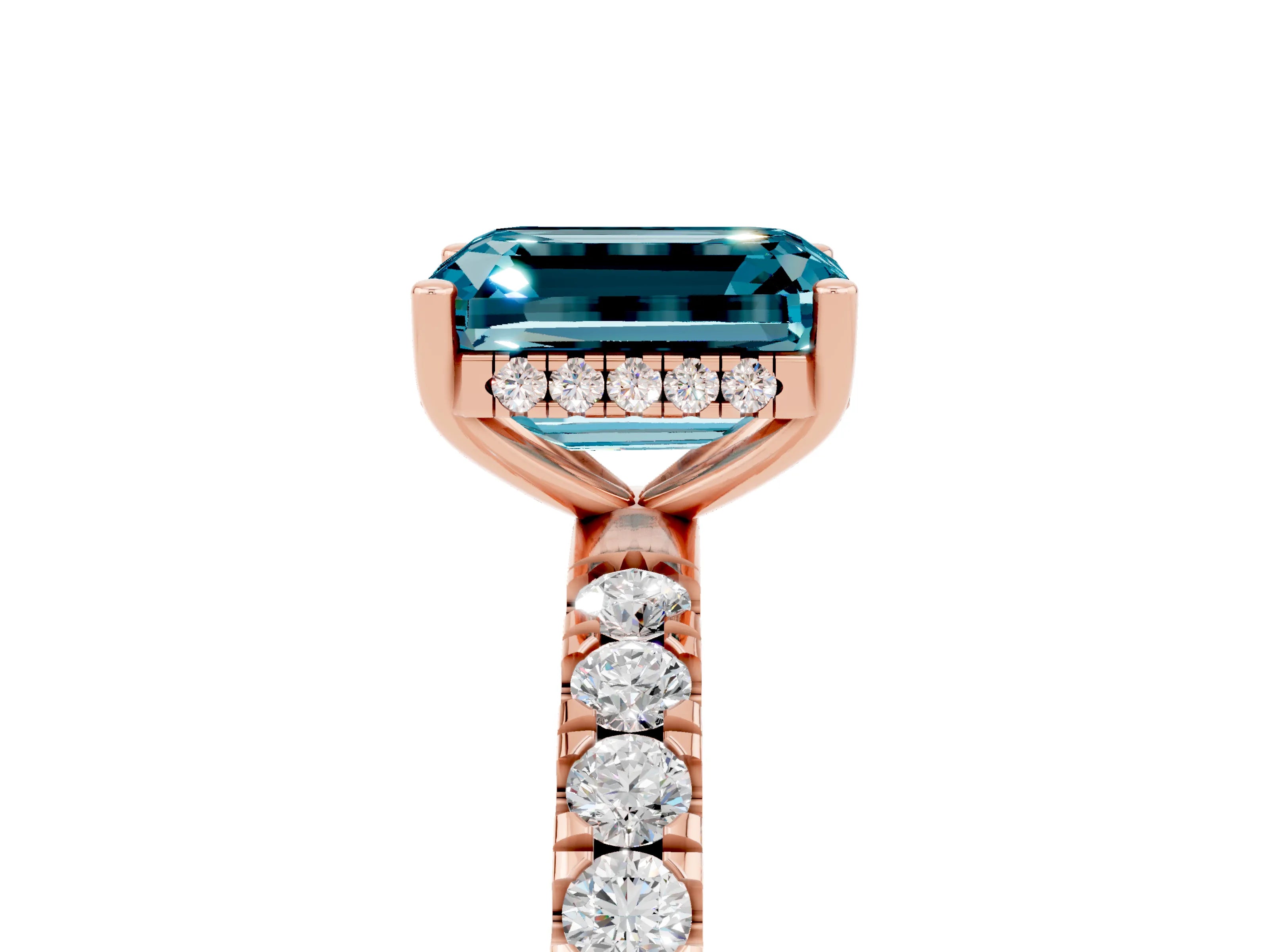 Rose gold Emerald Cut Blue Topaz Pave Band Solitaire Ring with Four-Prong Setting_41