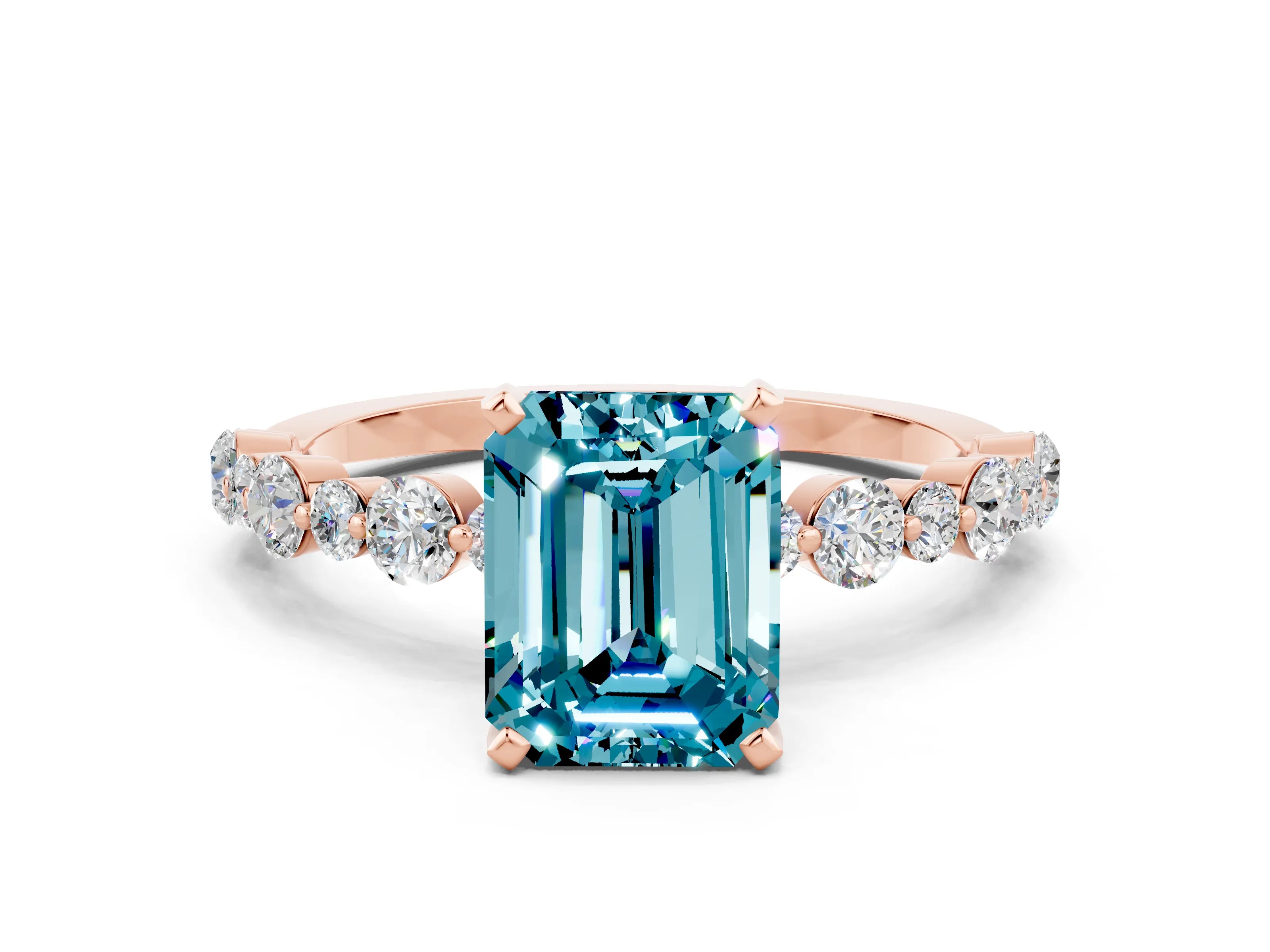 Rose gold Emerald Cut Blue Topaz Prong Set Engagement Ring with Pavé Band