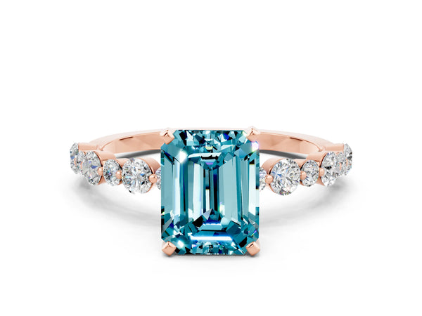Rose gold Emerald Cut Blue Topaz Prong Set Engagement Ring with Pavé Band