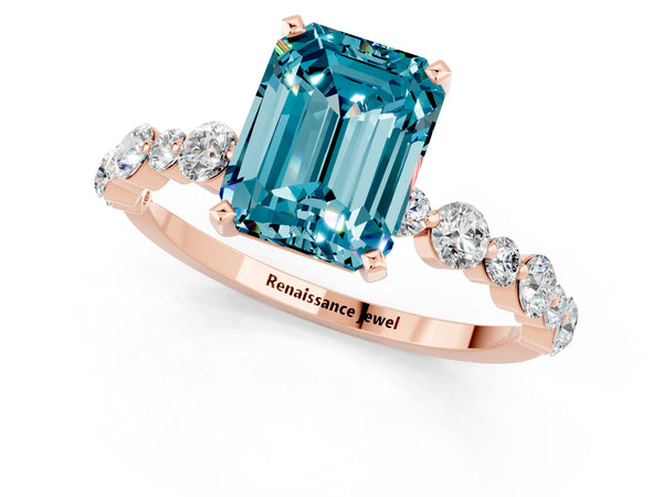 Rose gold Emerald Cut Blue Topaz Prong Set Engagement Ring with Pavé Band