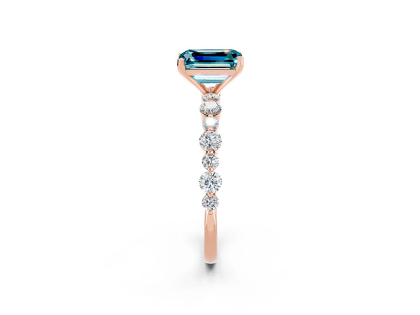 Rose gold Emerald Cut Blue Topaz Prong Set Engagement Ring with Pavé Band
