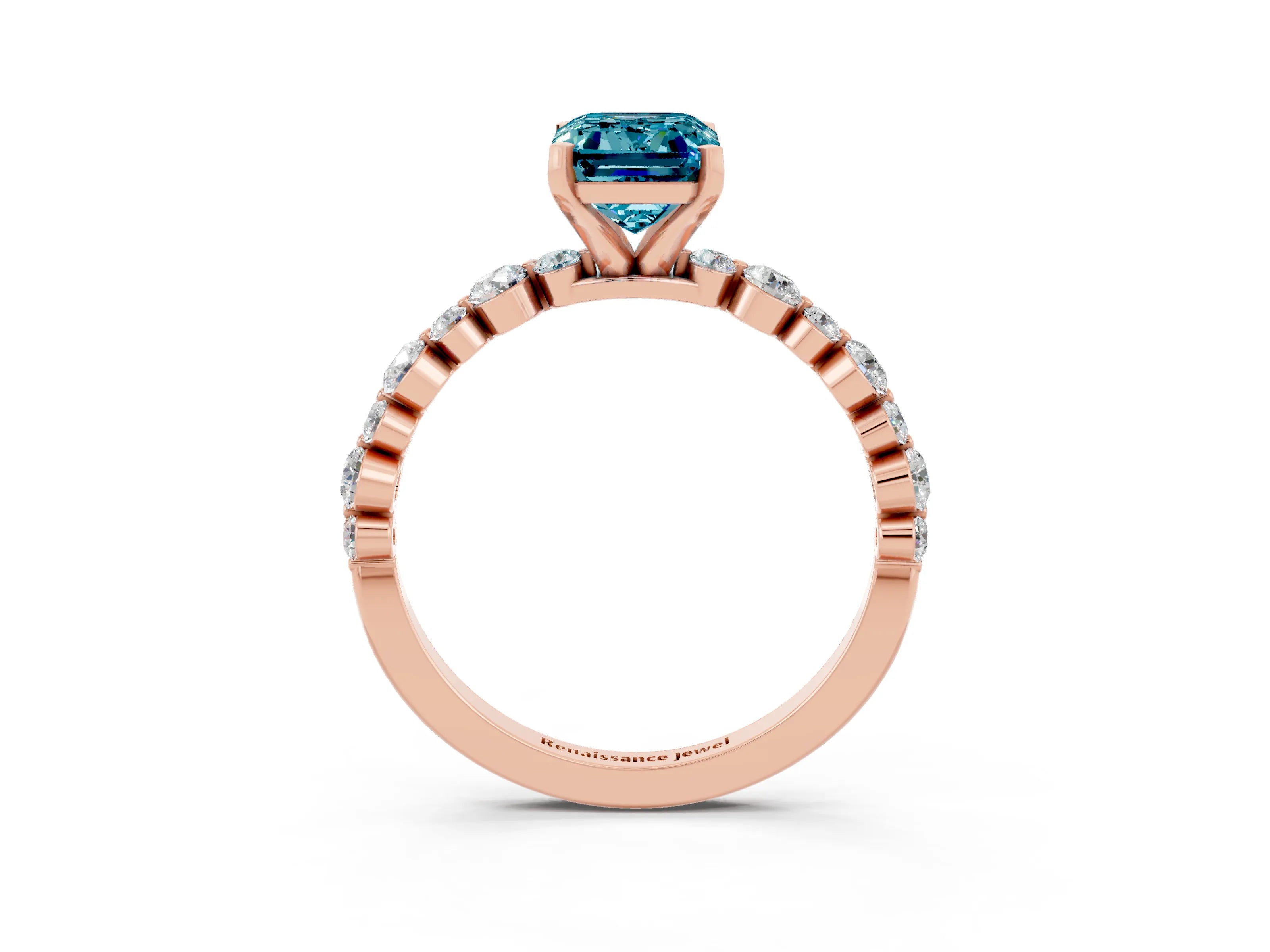 Rose gold Emerald Cut Blue Topaz Prong Set Engagement Ring with Pavé Band_3