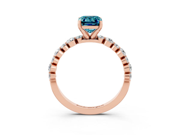 Rose gold Emerald Cut Blue Topaz Prong Set Engagement Ring with Pavé Band