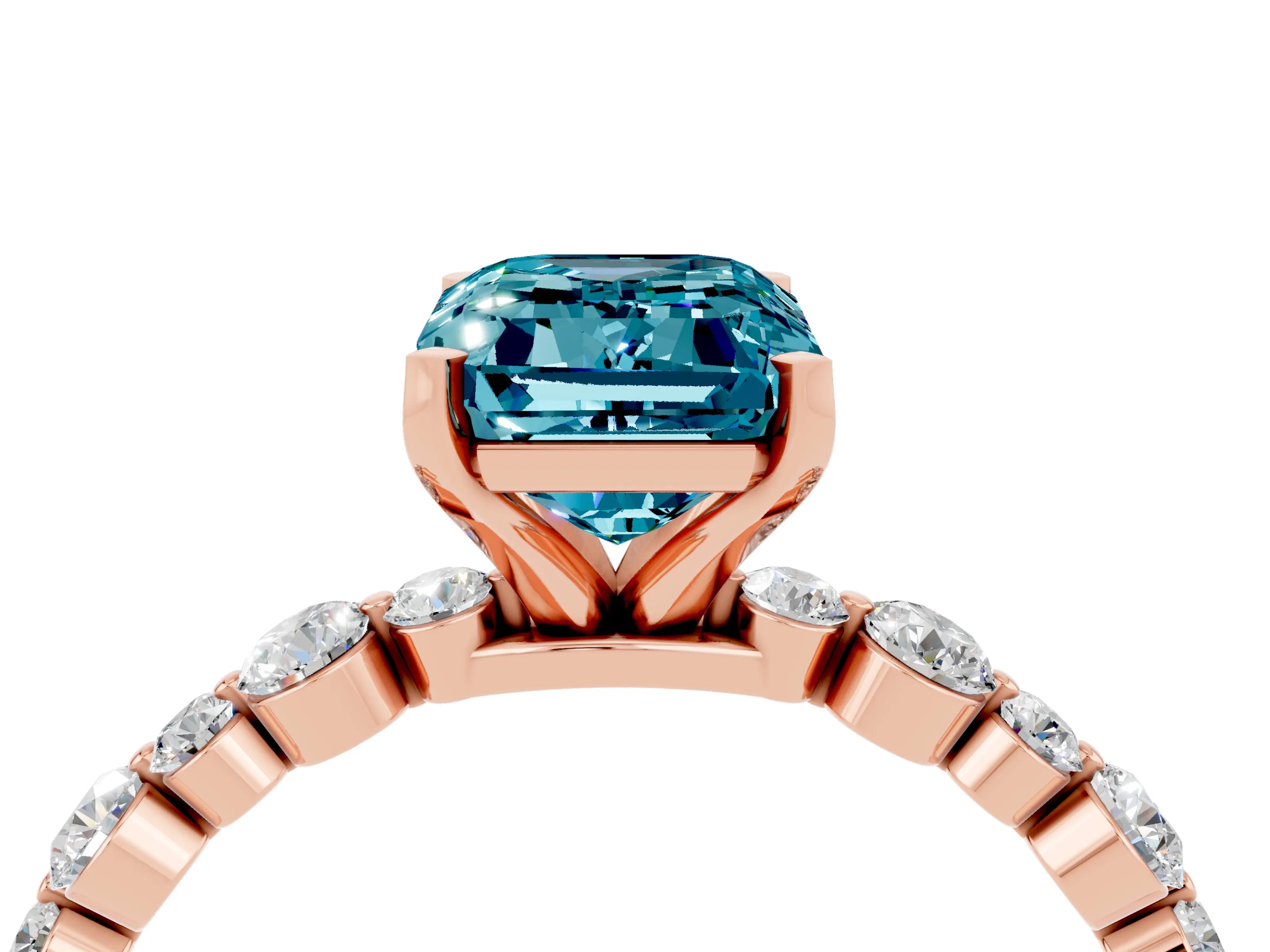 Rose gold Emerald Cut Blue Topaz Prong Set Engagement Ring with Pavé Band_4