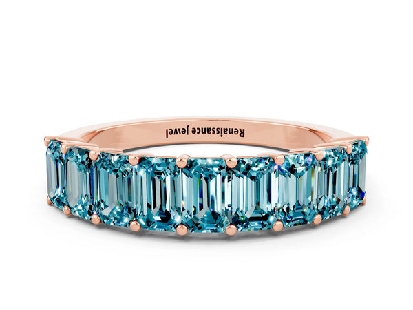 Rose gold Emerald Cut Blue Topaz Prong-Set Eternity Band