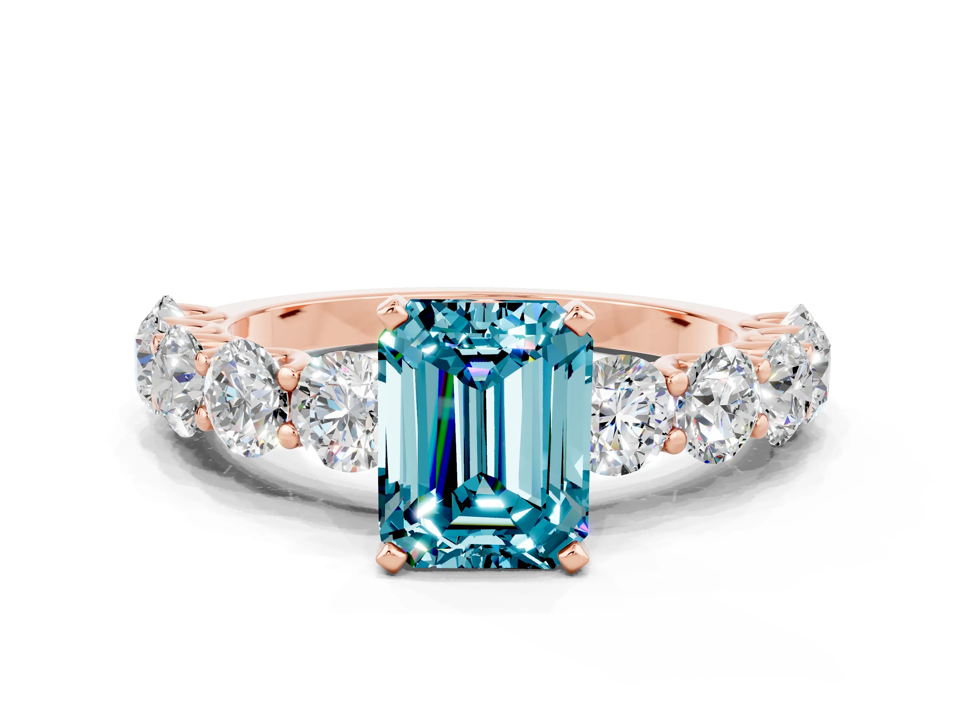 Rose gold Emerald Cut Blue Topaz Prong Setting with Side Stones on a Pave Band