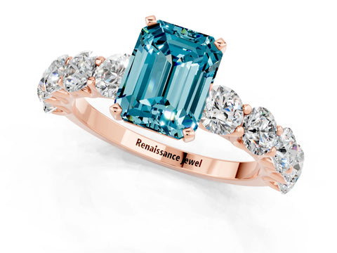 Rose gold Emerald Cut Blue Topaz Prong Setting with Side Stones on a Pave Band_1