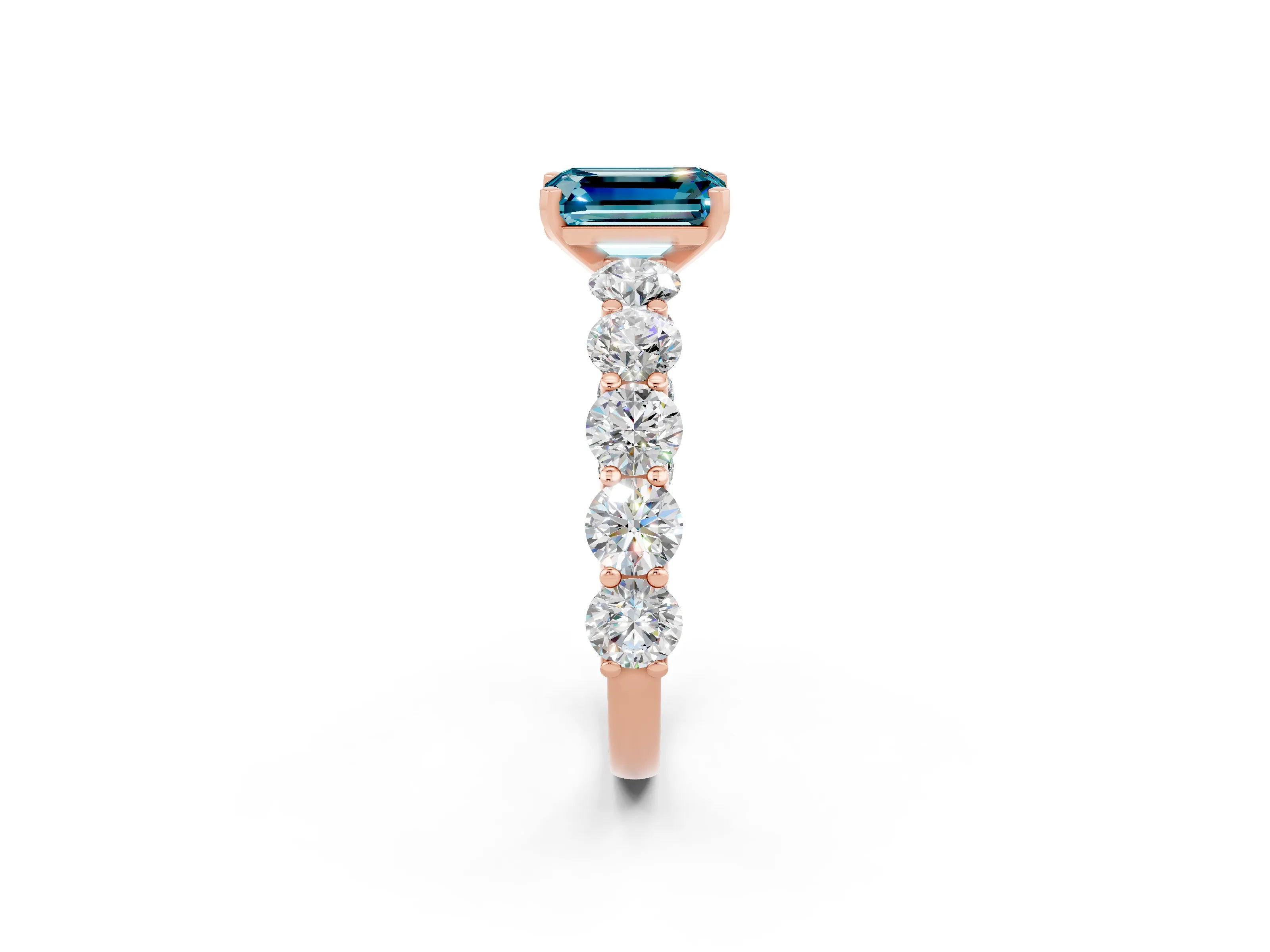 Rose gold Emerald Cut Blue Topaz Prong Setting with Side Stones on a Pave Band_2