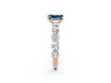Rose gold Emerald Cut Blue Topaz Prong Setting with Side Stones on a Pave Band_2