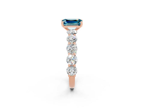 Rose gold Emerald Cut Blue Topaz Prong Setting with Side Stones on a Pave Band_2