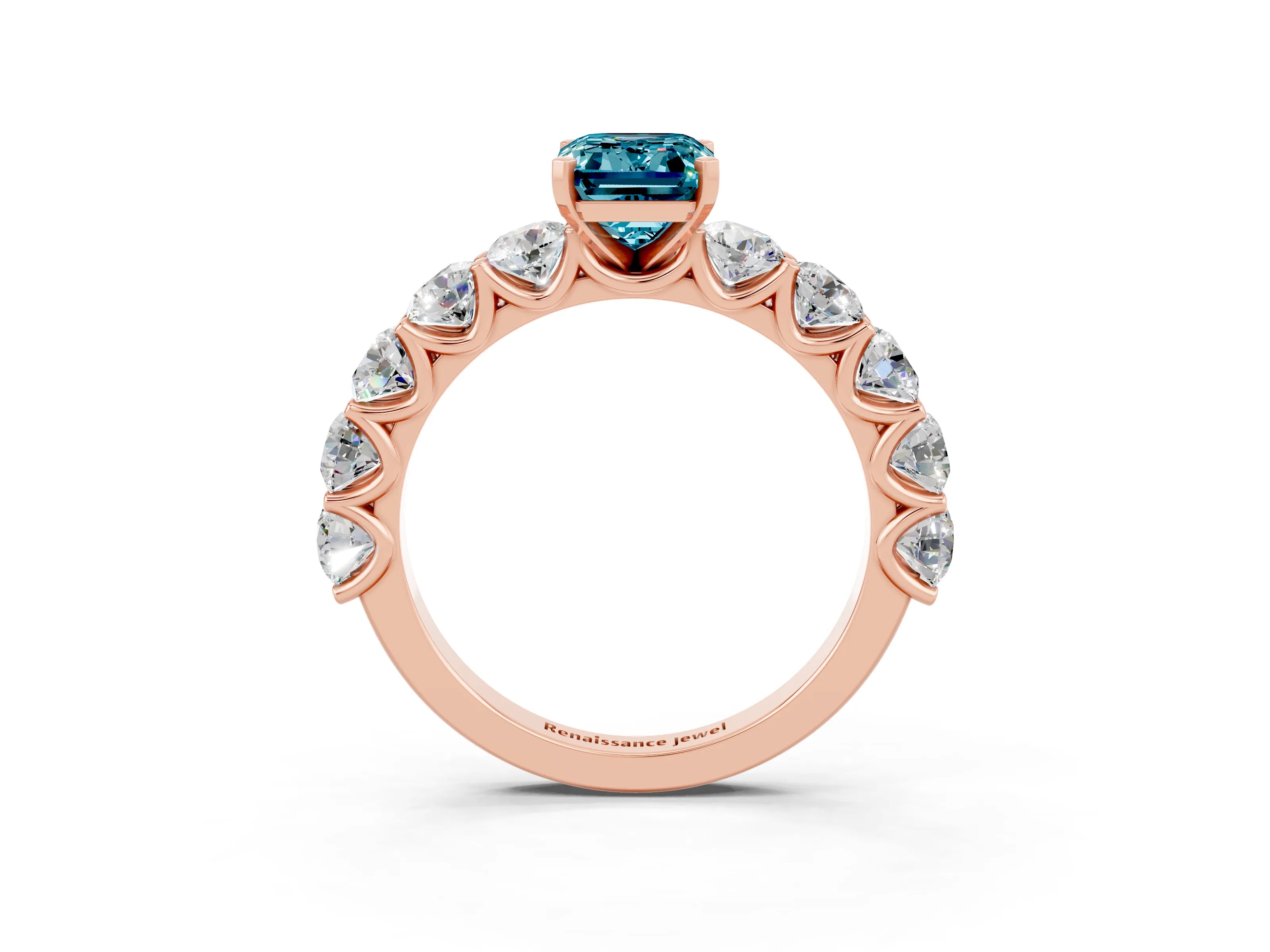 Rose gold Emerald Cut Blue Topaz Prong Setting with Side Stones on a Pave Band_3