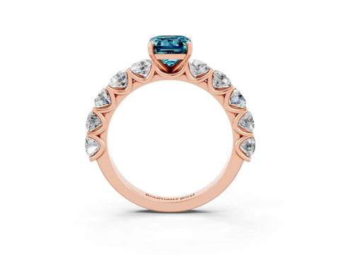 Rose gold Emerald Cut Blue Topaz Prong Setting with Side Stones on a Pave Band_3