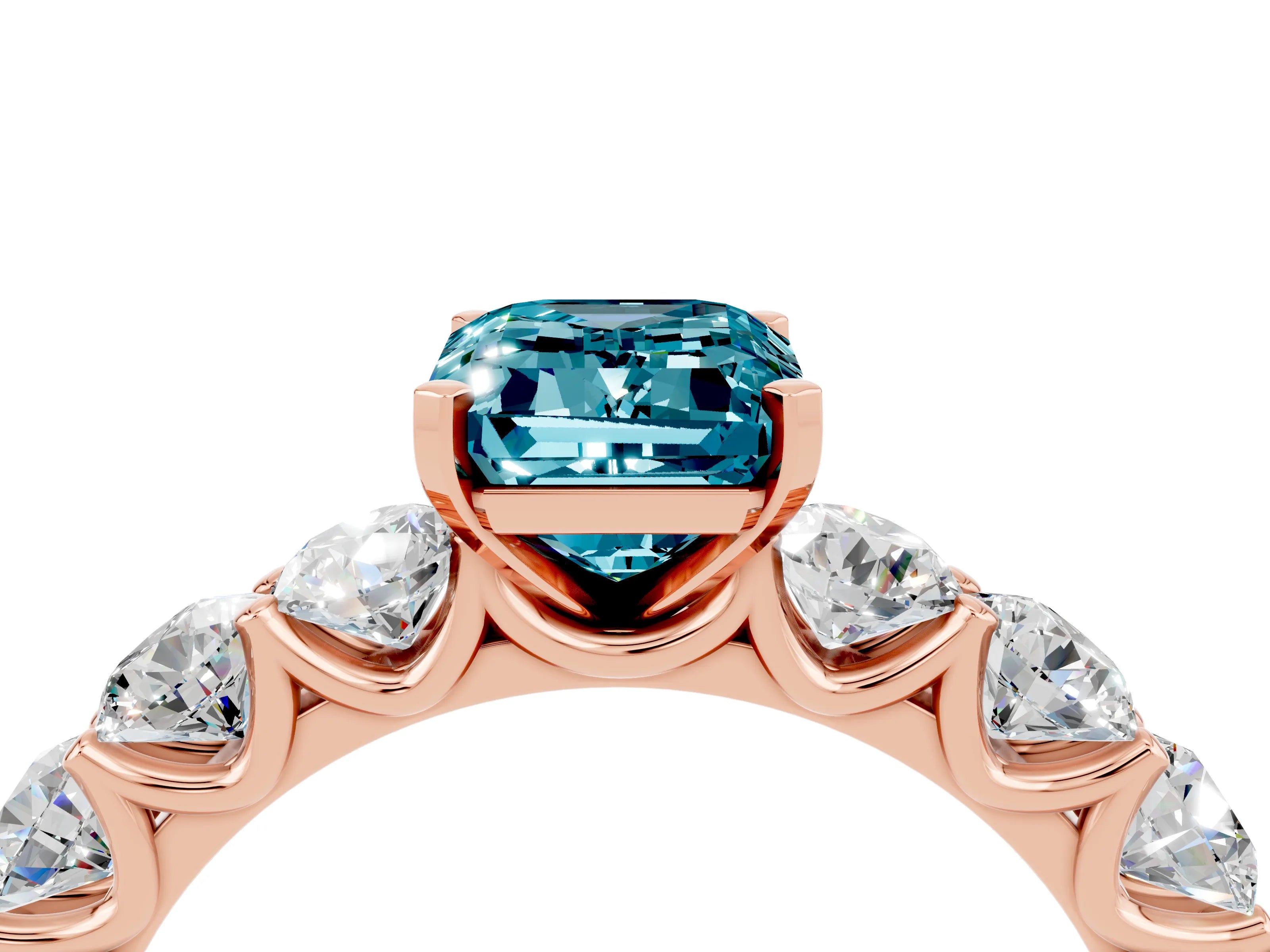 Rose gold Emerald Cut Blue Topaz Prong Setting with Side Stones on a Pave Band_4