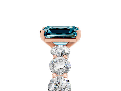 Rose gold Emerald Cut Blue Topaz Prong Setting with Side Stones on a Pave Band_5