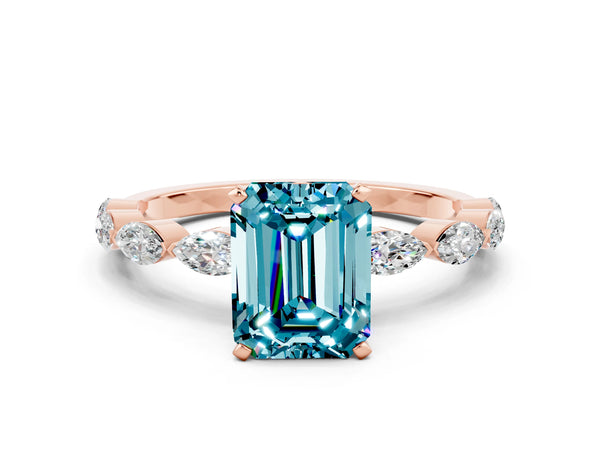 Rose gold Emerald Cut Blue Topaz Ring with Marquise Side Stones and Prong Setting
