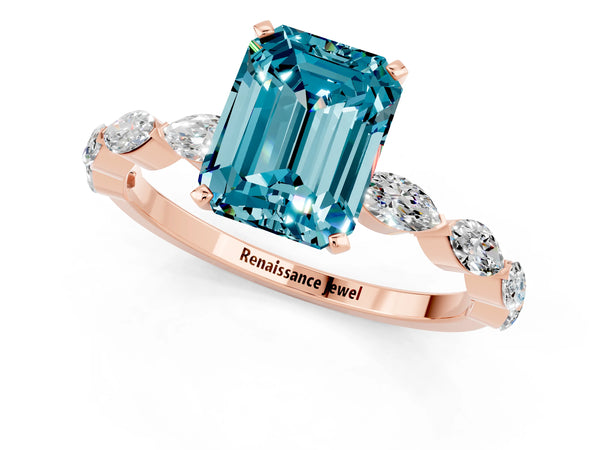 Rose gold Emerald Cut Blue Topaz Ring with Marquise Side Stones and Prong Setting