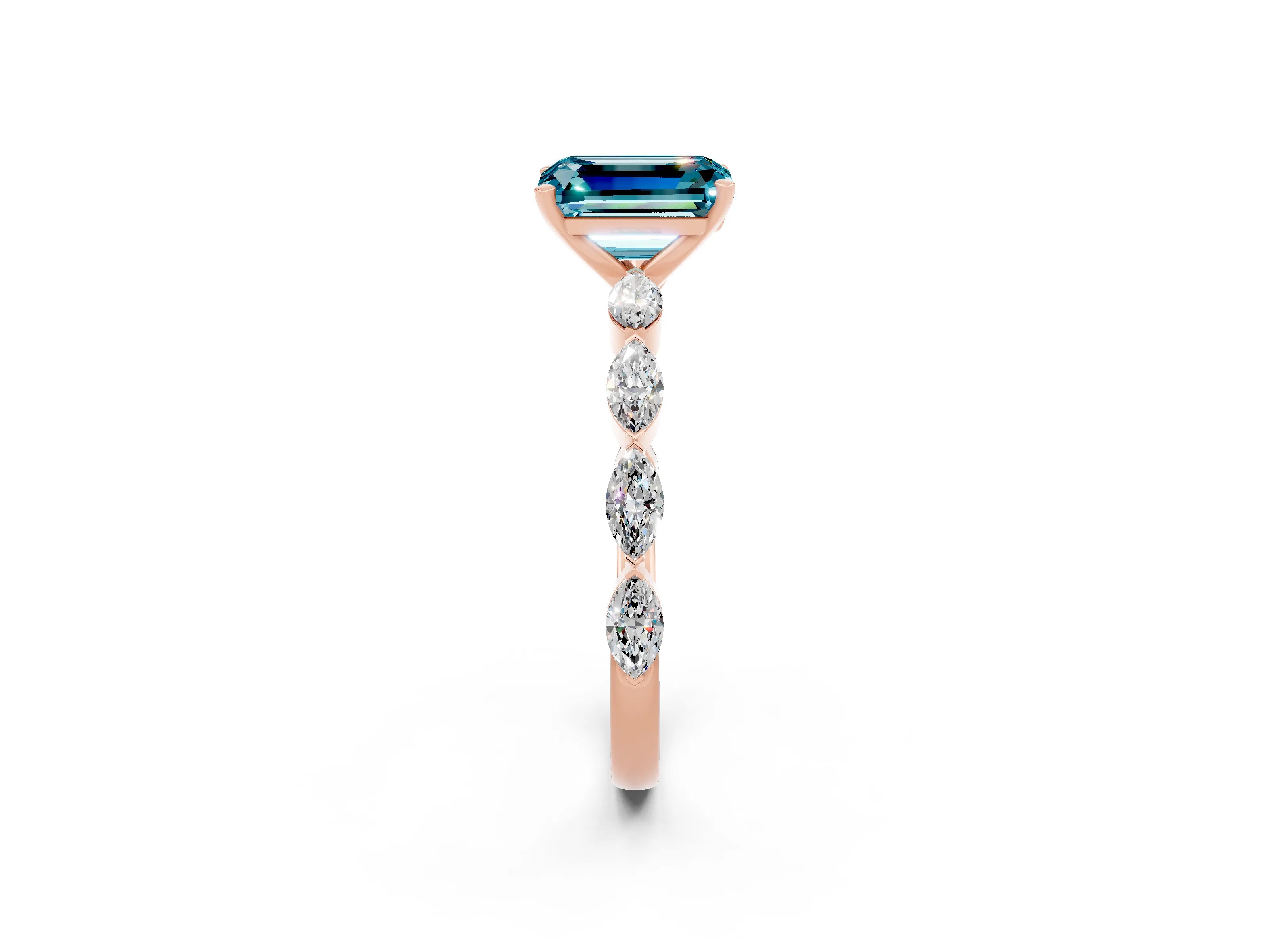 Rose gold Emerald Cut Blue Topaz Ring with Marquise Side Stones and Prong Setting_2