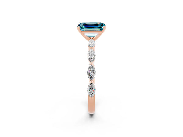 Rose gold Emerald Cut Blue Topaz Ring with Marquise Side Stones and Prong Setting