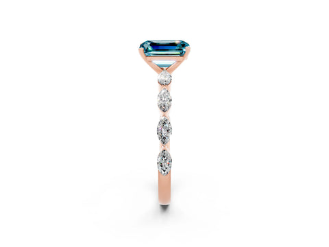 Rose gold Emerald Cut Blue Topaz Ring with Marquise Side Stones and Prong Setting_2