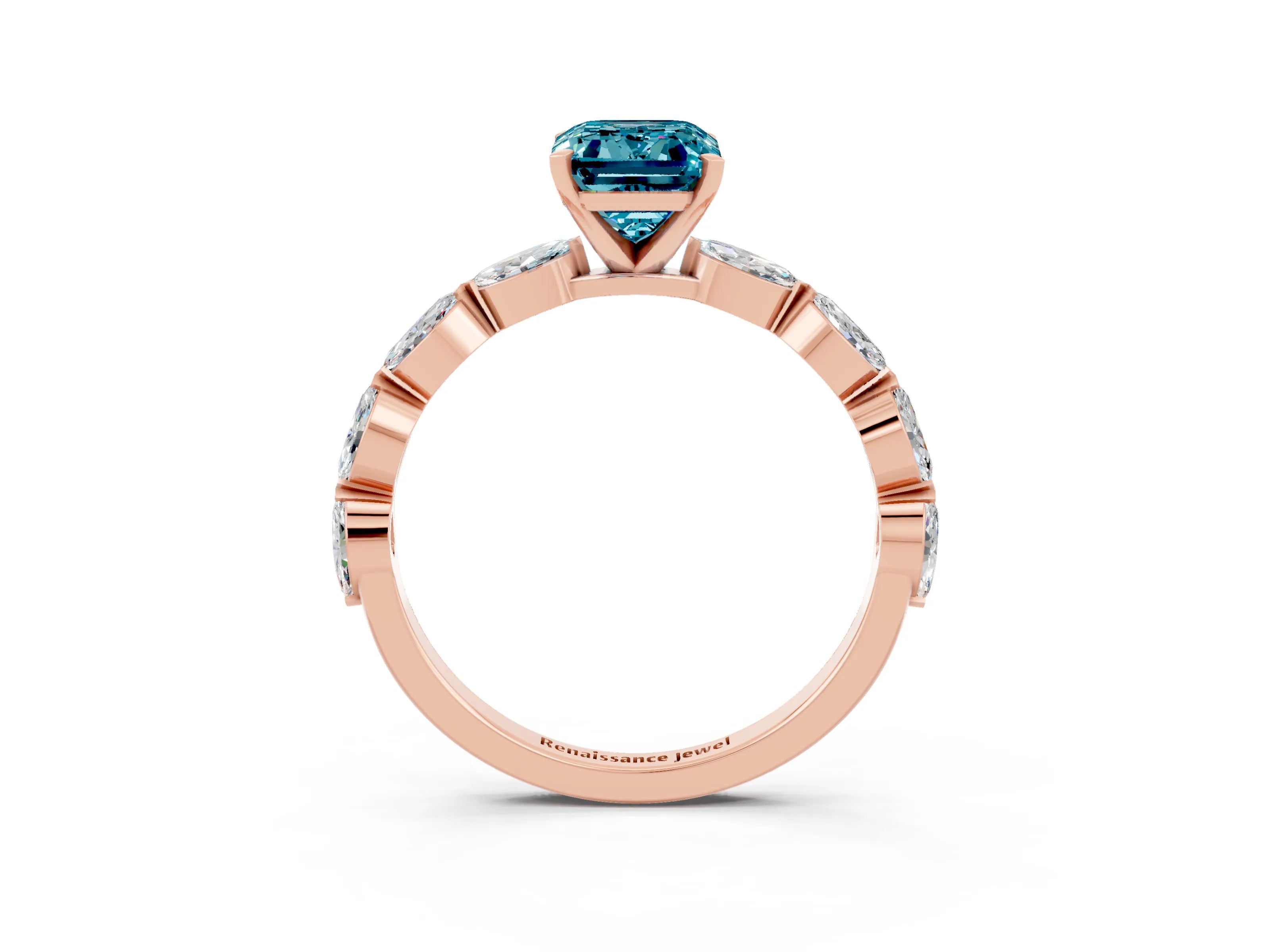 Rose gold Emerald Cut Blue Topaz Ring with Marquise Side Stones and Prong Setting_3