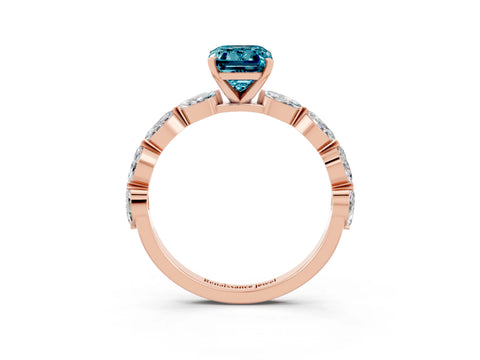 Rose gold Emerald Cut Blue Topaz Ring with Marquise Side Stones and Prong Setting_3