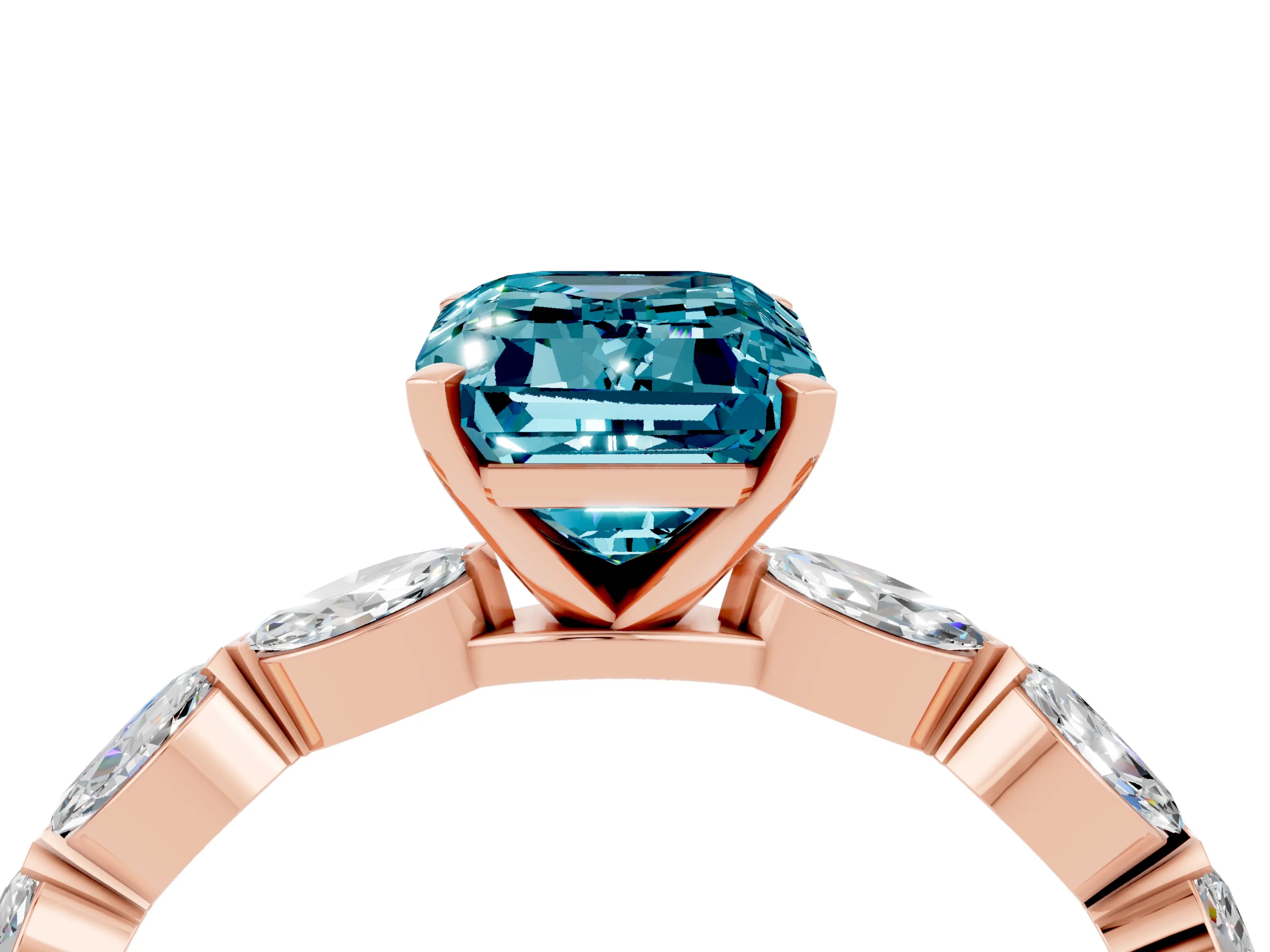 Rose gold Emerald Cut Blue Topaz Ring with Marquise Side Stones and Prong Setting_4