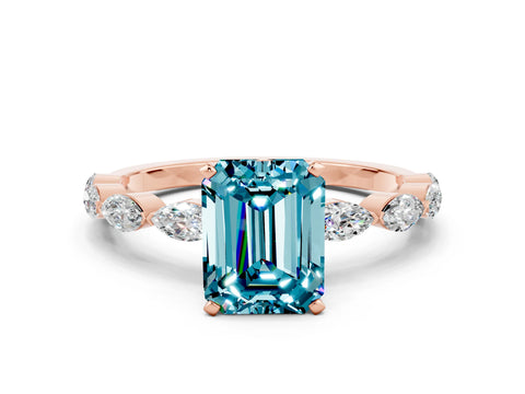 Rose gold Emerald Cut Blue Topaz Ring with Marquise Side Stones and Prong Setting