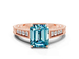 Rose gold Emerald Cut Blue Topaz Ring with Milgrain Pavé Band and Four-Prong Setting_12