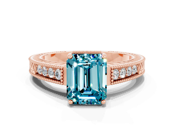 Rose gold Emerald Cut Blue Topaz Ring with Milgrain Pavé Band and Four-Prong Setting