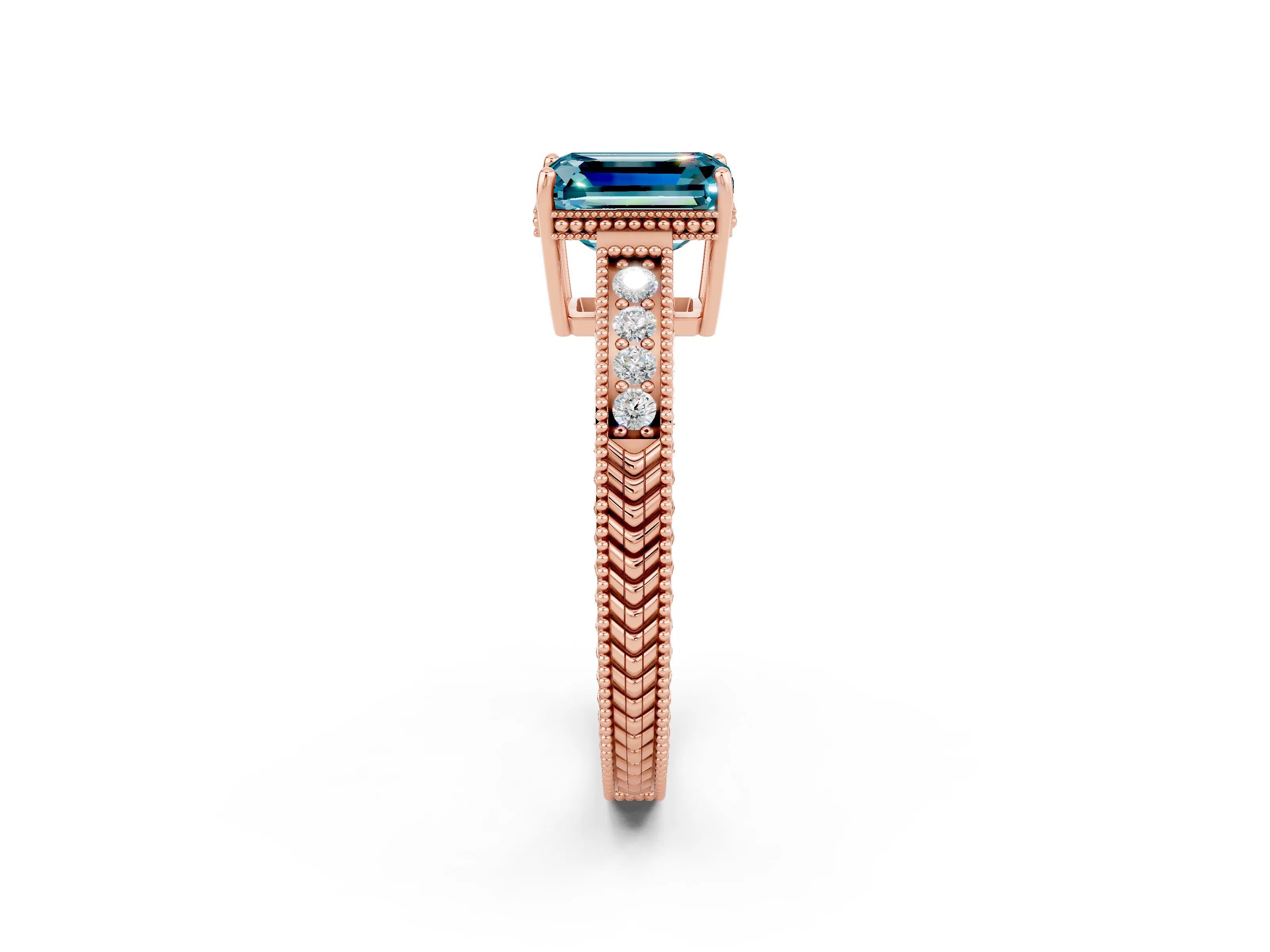 Rose gold Emerald Cut Blue Topaz Ring with Milgrain Pavé Band and Four-Prong Setting_14
