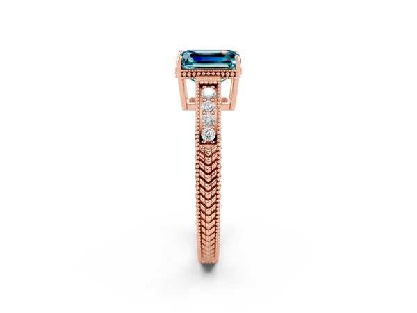 Rose gold Emerald Cut Blue Topaz Ring with Milgrain Pavé Band and Four-Prong Setting
