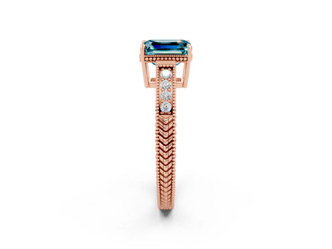 Rose gold Emerald Cut Blue Topaz Ring with Milgrain Pavé Band and Four-Prong Setting_14