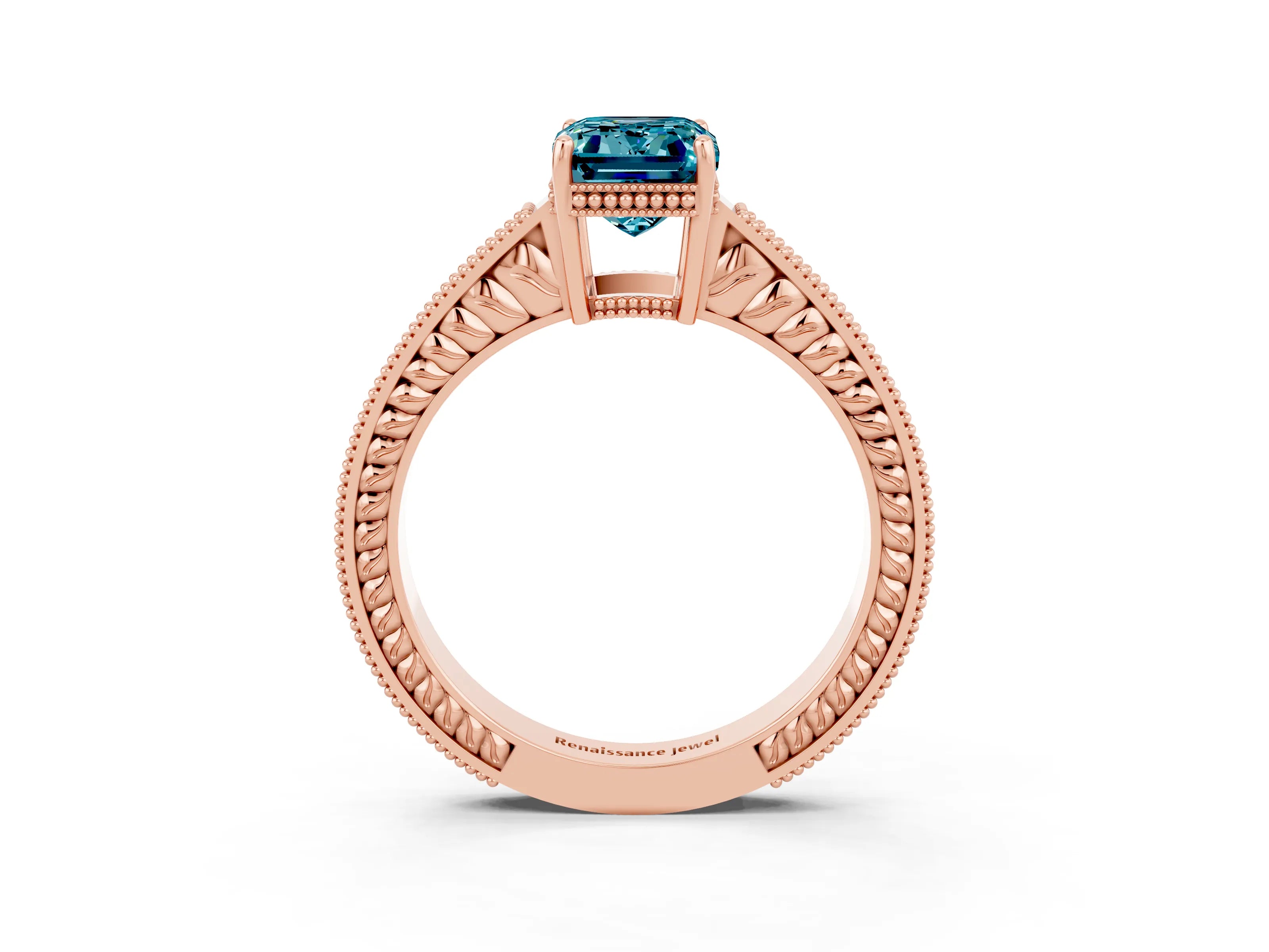 Rose gold Emerald Cut Blue Topaz Ring with Milgrain Pavé Band and Four-Prong Setting_15